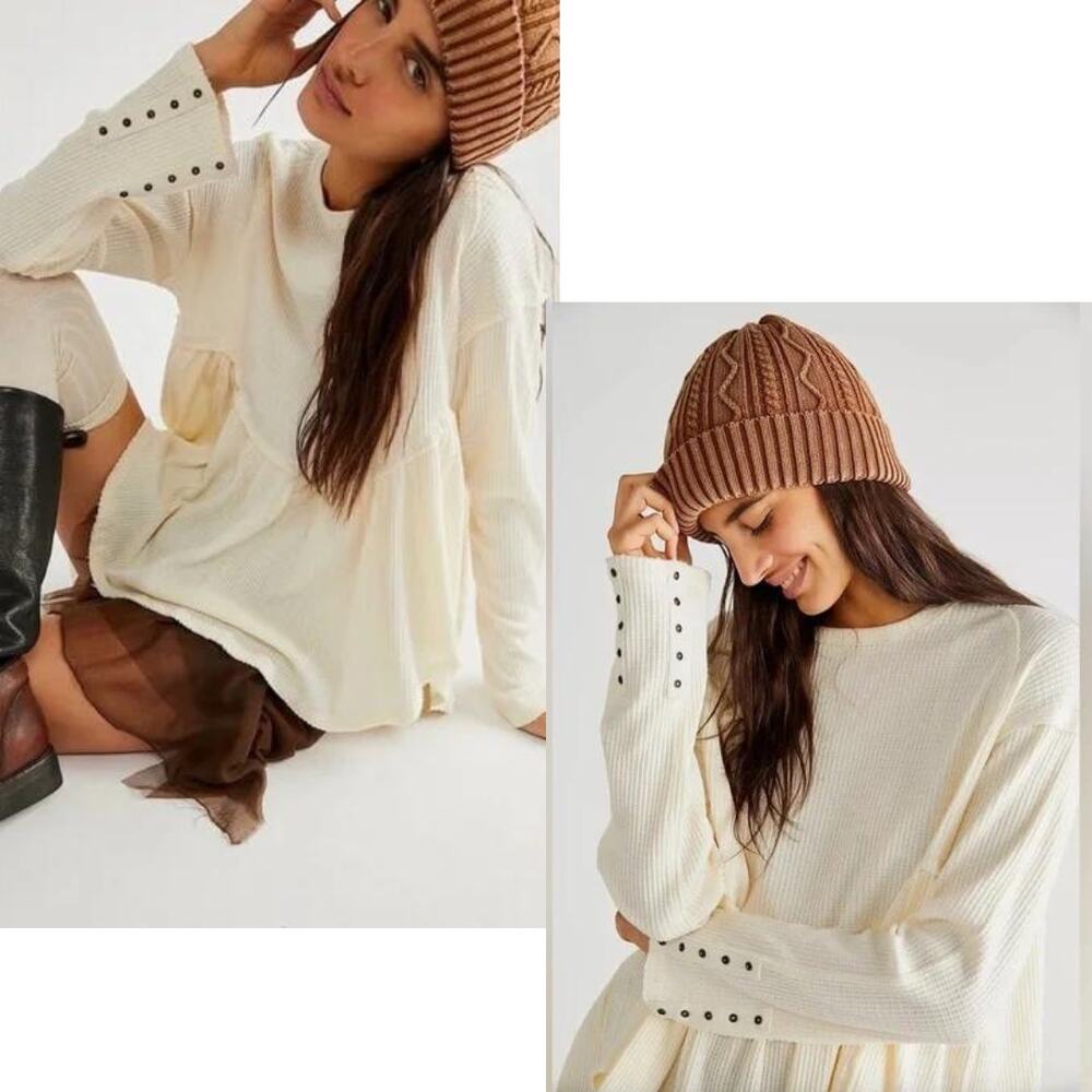 Free People Oh My Babydoll Thermal Top Nilla Cream Ivory Waffle Knit NWOT Small